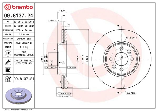 BREMBO 09.8137.24 | Fren Diski Ön Büyük Hava Kanallı Clio V 1.3 H5h 1.5 K9k Laguna I Lodgy Dokker II | 2 Adet