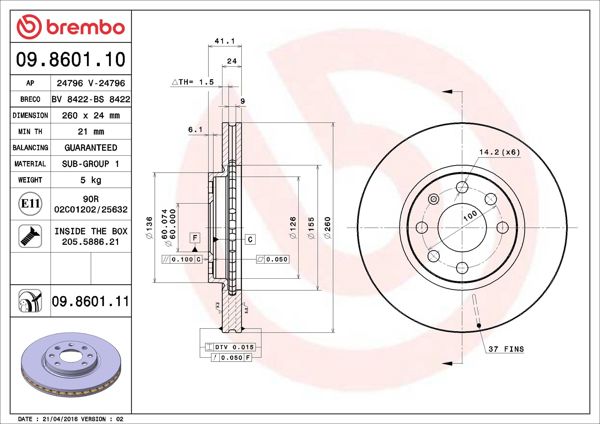 BREMBO 09.8601.11 | Fren Diski Ön UV Coated Opel | 2 Adet