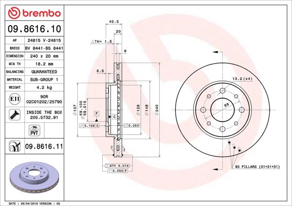 BREMBO 09.8616.11 | Fren Diski Ön UV Coated Ford | 2 Adet