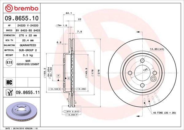 BREMBO 09.8655.11 | Fren Diski Ön UV Coated Mini | 2 Adet