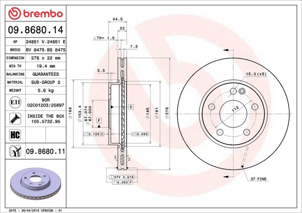 BREMBO 09.8680.14 | Fren Diski Ön Mercedes A W169 / B W245 04-12 | 2 Adet