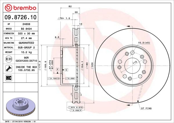 BREMBO 09.8726.10 | Mercedes W140 300/400/500/600 Ön Havalı 320 mm Fren Diski | 2 Adet