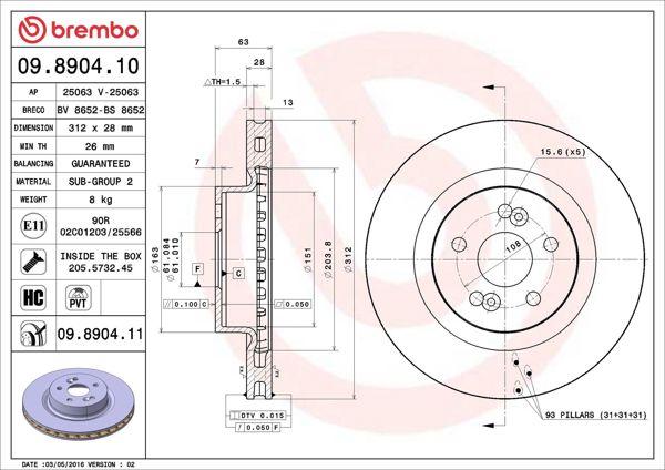 BREMBO 09.8904.11 | Fren Diski Ön UV Coated Renault | 2 Adet