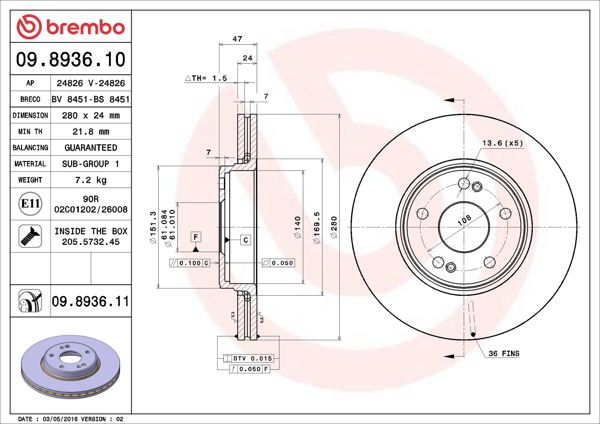 BREMBO 09.8936.11 | Fren Diski Ön UV Coated Renault | 2 Adet