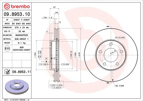 BREMBO 09.8953.11 | Fren Diski (Ford Maverick