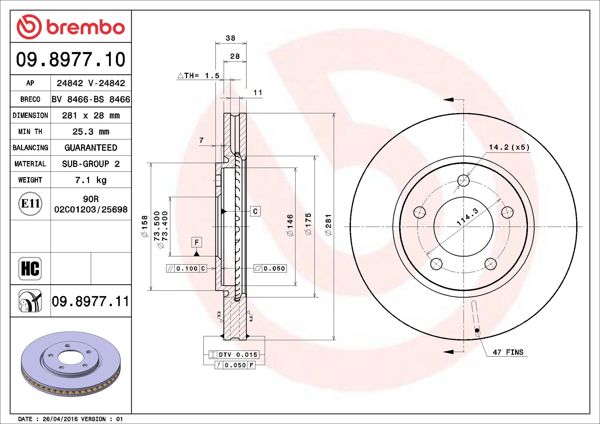 BREMBO 09.8977.11 | Fren Diski Ön UV Coated Chrysler | 2 Adet