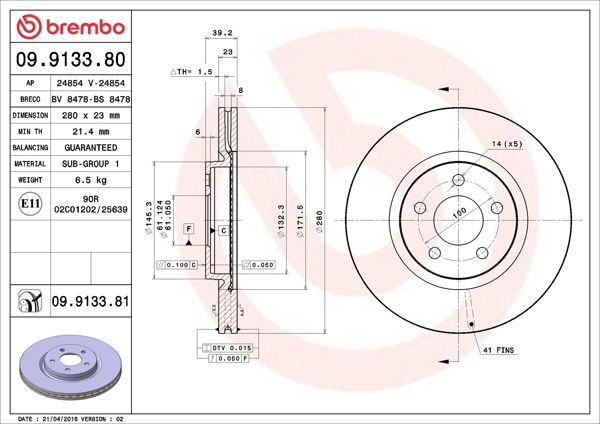 BREMBO 09.9133.81 | Fren Diski Ön UV Coated Chrysler | 2 Adet