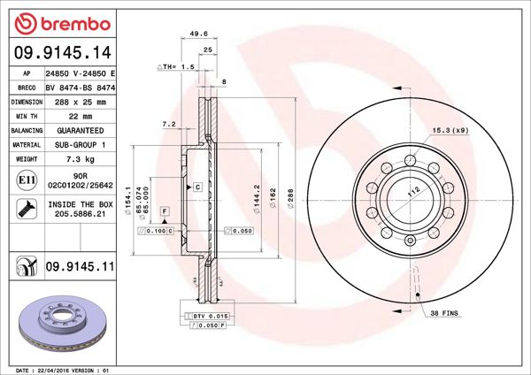 BREMBO 09.9145.11 | Fren Diski Ön Kaplamalı (VW Caddy 04-Golf 04-Audi A3 04 Seat Leon 06-Skoda Octavia 04 -) | 2 Adet