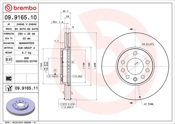 BREMBO 09.9165.11 | Fren Diski Ön UV Coated Chevrolet | 2 Adet