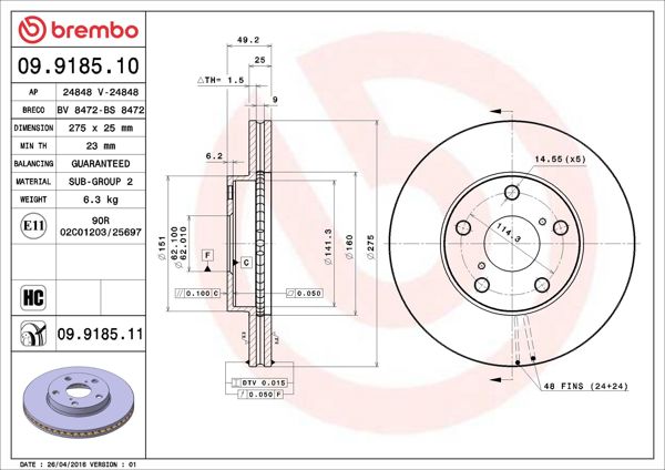 BREMBO 09.9185.10 | Fren Diski Ön Standard Toyota | 2 Adet