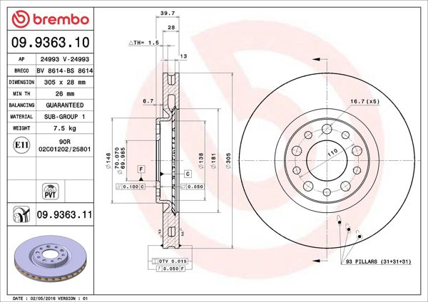 BREMBO 09.9363.11 | Fren Diski Ön UV Coated Alfa Romeo Jeep Renegade 14> 4x4 1.4/1.6/2.0 CRD
