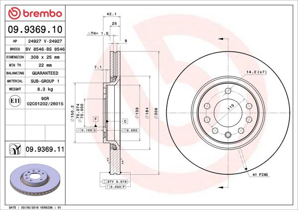 BREMBO 09.9369.10 | Fren Diski Ön 308mm (Opel Zafira Astra G H Saab)