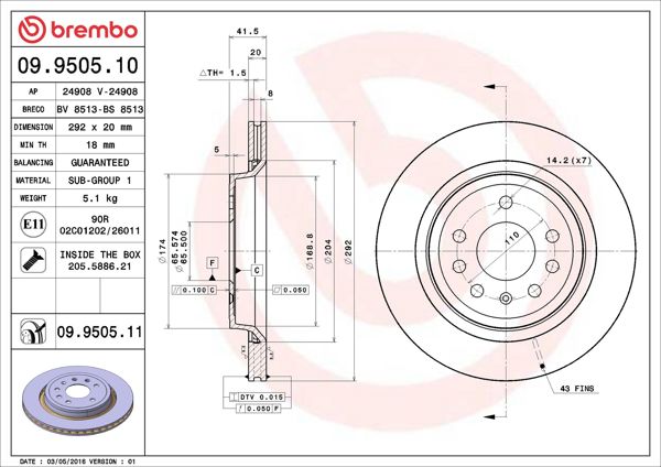 BREMBO 09.9505.11 | Fren Diski Arka UV Coated Chevrolet | 2 Adet