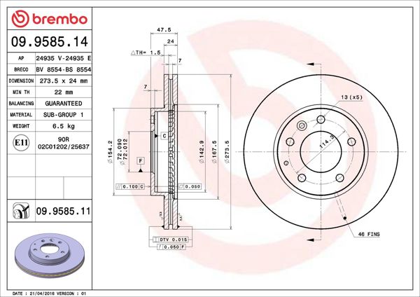 BREMBO 09.9585.14 | Fren Diski Ön Standard Mazda | 2 Adet