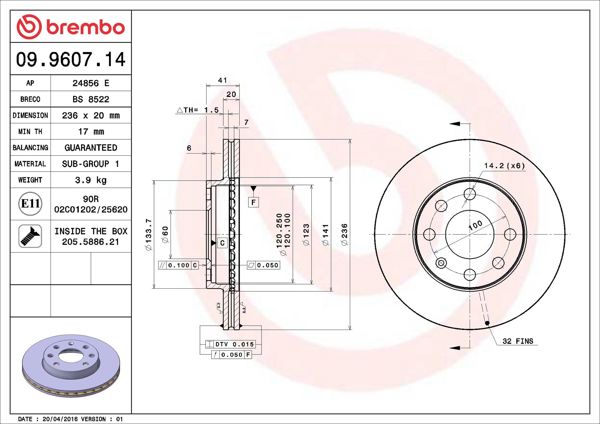 BREMBO 09.9607.14 | Fren Diski Ön Standard Opel | 2 Adet