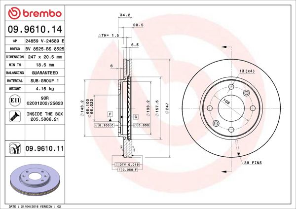 BREMBO 09.9610.14 | Fren Diski Ön Standard Peugeot | 2 Adet