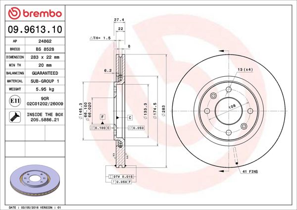 BREMBO 09.9613.10 | Fren Diski Ön Standard Peugeot | 2 Adet