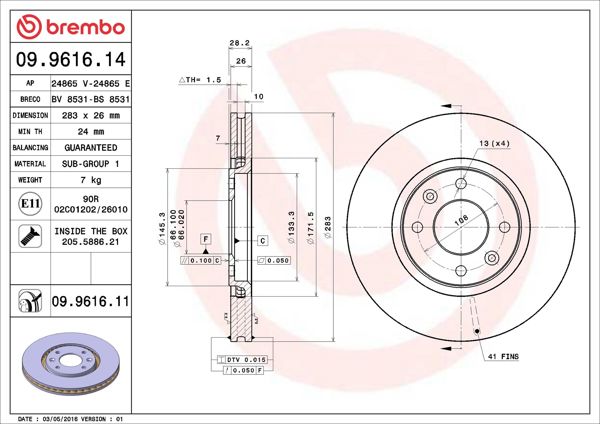 BREMBO 09.9616.14 | Fren Diski Ön Standard Peugeot | 2 Adet