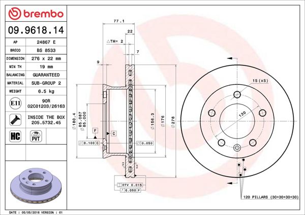 BREMBO 09.9618.14 | Ön Fren Diski-276×22 5×130 (VW Lt 97-07 Mercedes Sprinter 95-06)