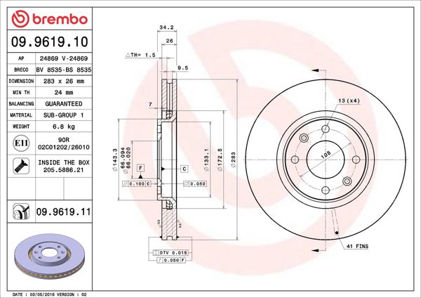 BREMBO 09.9619.11 | Fren Diski Ön UV Coated Opel | 2 Adet