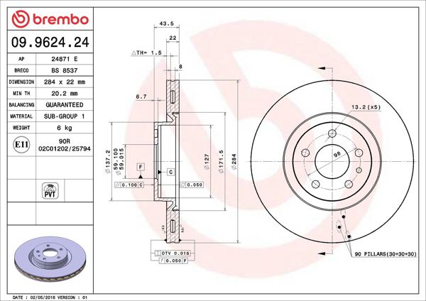 BREMBO 09.9624.24 | Fren Diski Ön 284.5mm Kaplamalı Fiat Doblo 1.4 1.3 1.6 JTD Alfa Romeo 156 10- | 2 Adet