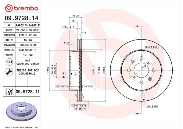 BREMBO 09.9728.11 | Fren Diski Ön UV Coated Opel | 2 Adet