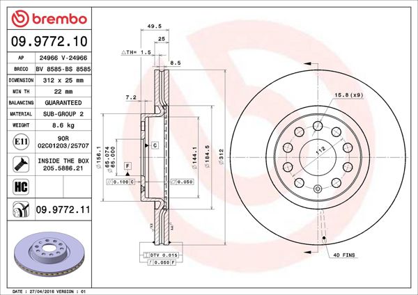 BREMBO 09.9772.11 | Fren Diski Ön UV Coated (VW Caddy 04-Golf 04-Passat 06-Audi A3 04-Seat Leon 06 -) | 2 Adet