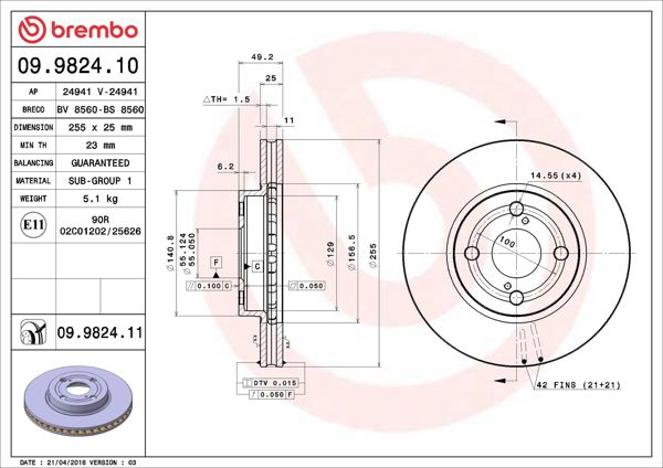 BREMBO 09.9824.10 | Fren Diski Ön Havalı-(255-4)-(Toyota Corolla 03 / 07 VVTI Benzinli)