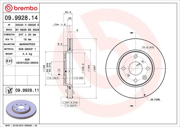 BREMBO 09.9928.11 | Fren Diski Ön UV Coated Peugeot | 2 Adet