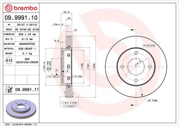 BREMBO 09.9991.11 | Fren Diski Ön UV Coated Mitsubishi | 2 Adet