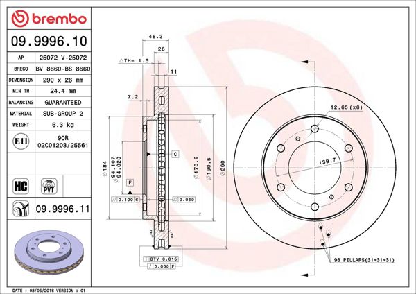 BREMBO 09.9996.10 | Fren Diski Ön Standard Mitsubishi | 2 Adet