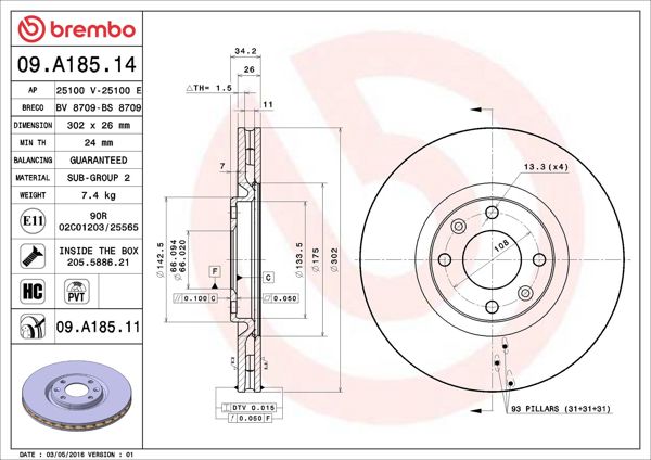 BREMBO 09.A185.14 | Fren Diski Ön Tekli Peugeot 208 2008 308 5008 Ds4 Ds5 Corsa F (Cap302×26) | 2 Adet