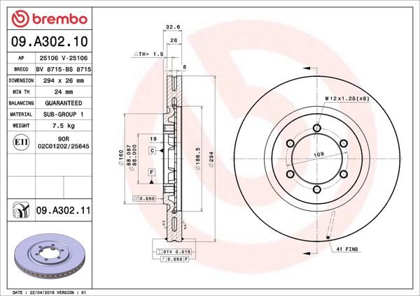 BREMBO 09.A302.11 | Fren Diski Ön Daewoo Ssangyong Rexton 2002-/ 294×6 | 2 Adet