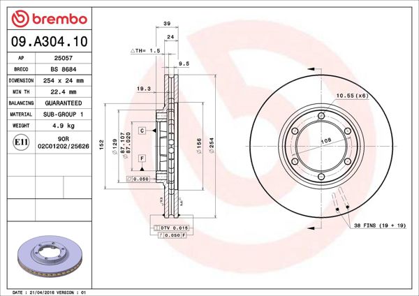 BREMBO 09.A304.10 | Fren Aynası On Havalı Mitsubishi L200 00-05 255×6 | 2 Adet