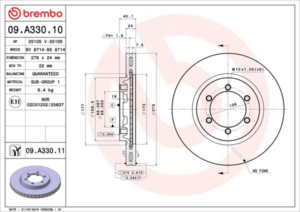 BREMBO 09.A330.11 | Fren Diski Ön Havalı Ssangyong Musso 96-05 Korando 96-05 Daewoo Musso 96-05278×6 | 2 Adet