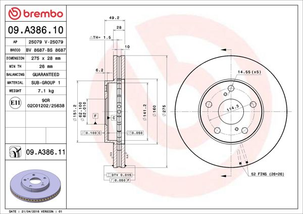 BREMBO 09.A386.11 | Fren Diski Toyota Camry (93 / 96) 3.0I V6 Camry | 2 Adet