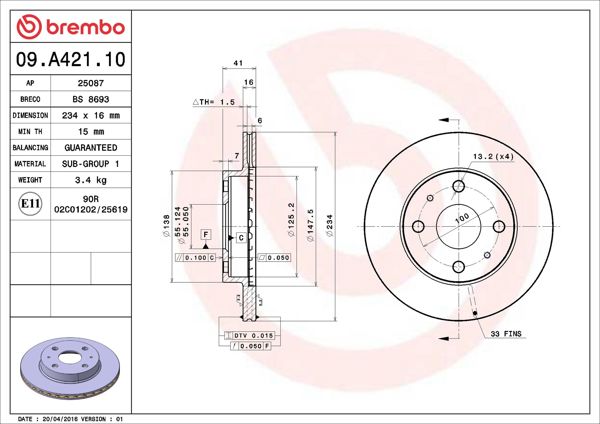 BREMBO 09.A421.10 | Fren Diski Ön Standard Daihatsu | 2 Adet
