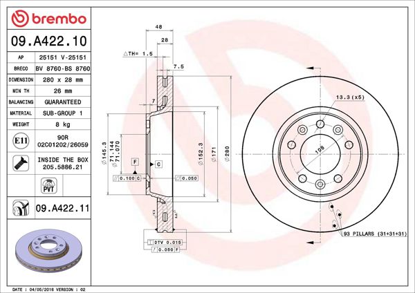 BREMBO 09.A422.10 | Fren Diski Ön Standard Peugeot | 2 Adet
