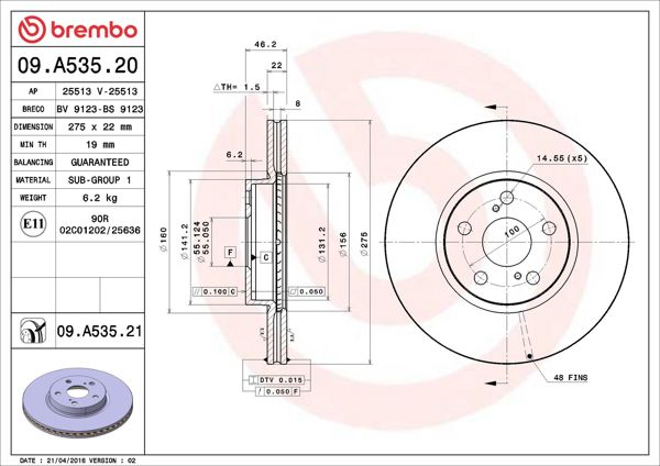 BREMBO 09.A535.21 | Fren Diski Ön UV Coated Toyota | 2 Adet