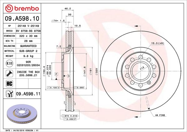 BREMBO 09.A598.11 | Fren Diski Ön (Audi A4 98-08 A6 98-05 Seat Exeo 09-14) 320×30 5×112 | 2 Adet