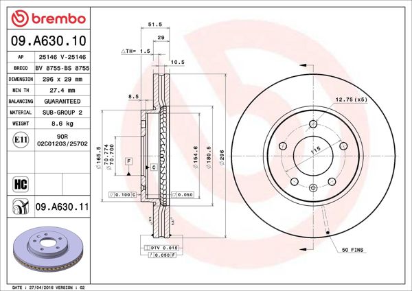 BREMBO 09.A630.11 | Fren Diski Ön UV Coated Chevrolet | 2 Adet