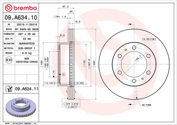 BREMBO 09.A634.11 | Fren Diski Ön Havalı-(297-6) UV Coated (Toyota HiluxVIgo 05 / 15 4Wd Kun25) | 2 Adet