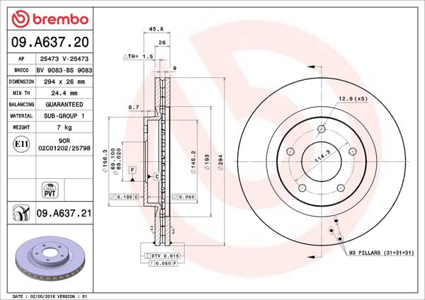 BREMBO 09.A637.21 | Fren Diski Ön Havalı-(294-5)-(Mitsubishi Asx 2010 / /) | 2 Adet
