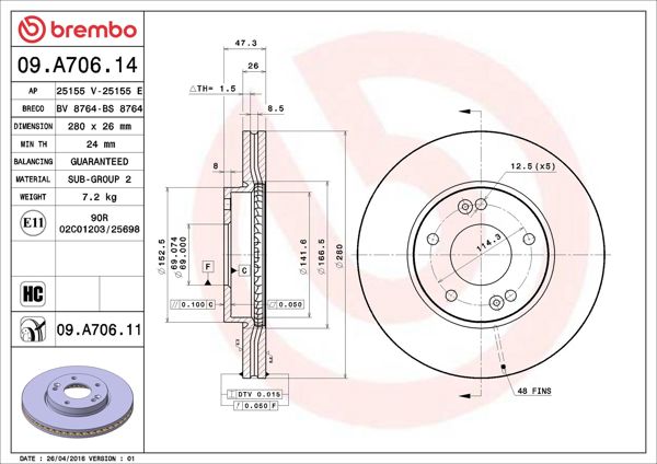 BREMBO 09.A706.11 | Fren Diski Ön UV Coated Kia | 2 Adet