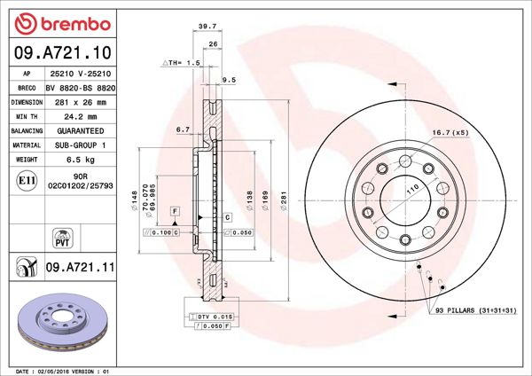 BREMBO 09.A721.10 | Fren Diski Ön Standard Alfa Romeo Giulietta 10> | 2 Adet
