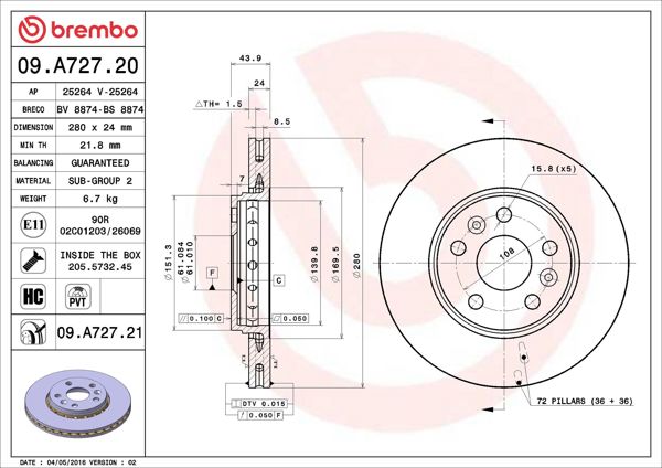 BREMBO 09.A727.20 | Fren Diski Ön Standard Mercedes-Benz | 2 Adet
