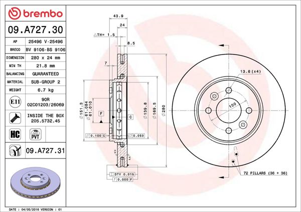 BREMBO 09.A727.31 | Fren Diski Ön UV Coated Renault | 2 Adet