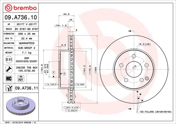 BREMBO 09.A736.11 | Fren Diski 204 Ön C 180 / 200 W204 C180-C200 | 2 Adet