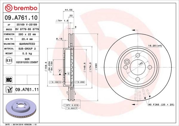 BREMBO 09.A761.11 | Fren Diski (Mini Cooper On R-55-R56-R57) | 2 Adet