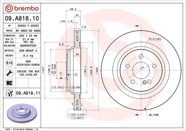 BREMBO 09.A818.11 | Fren Diski 221 Arka 500 / 600 Mercedes-Benz W221/C216/W222/R230 05-17 AMG Kod 950/951 | 2 Adet